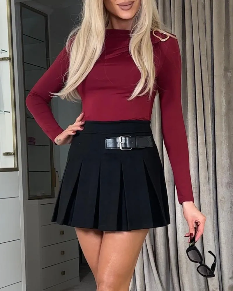 High Waist PU Belt Decor Pleated Above Knee Skirt Casual Skirt