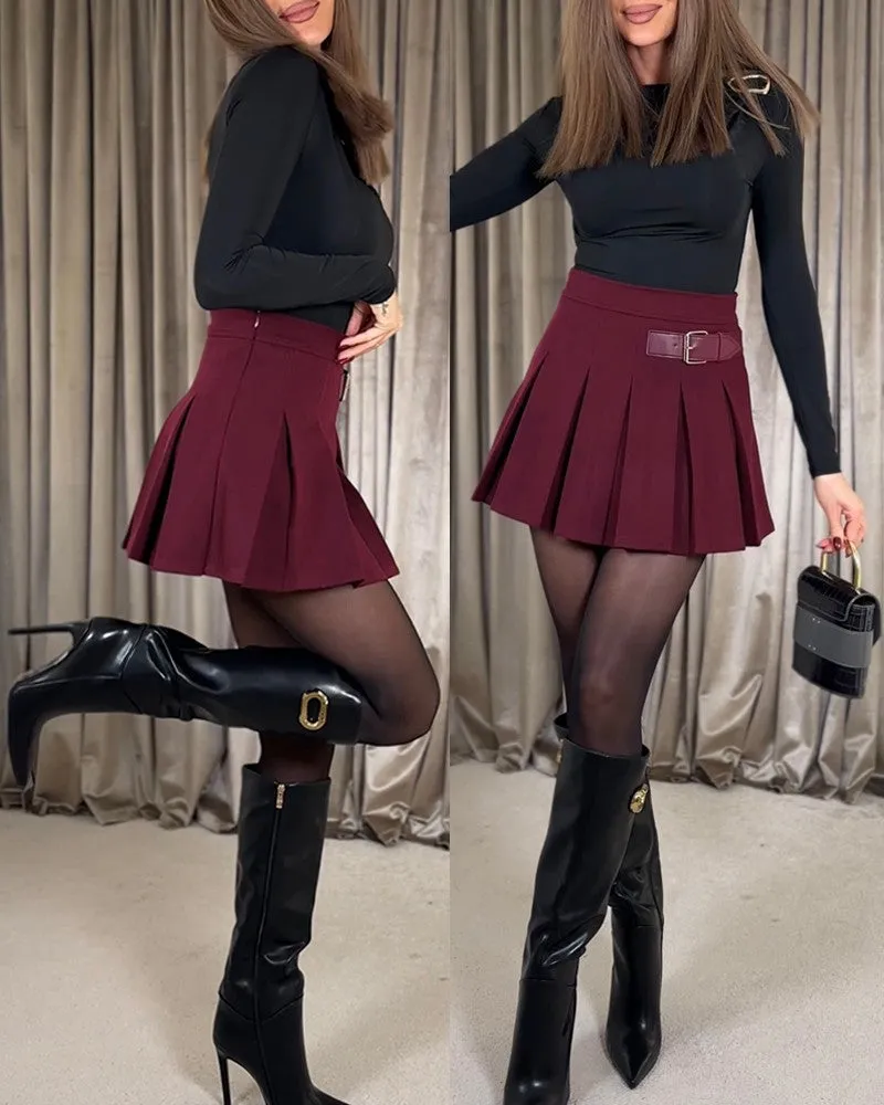 High Waist PU Belt Decor Pleated Above Knee Skirt Casual Skirt