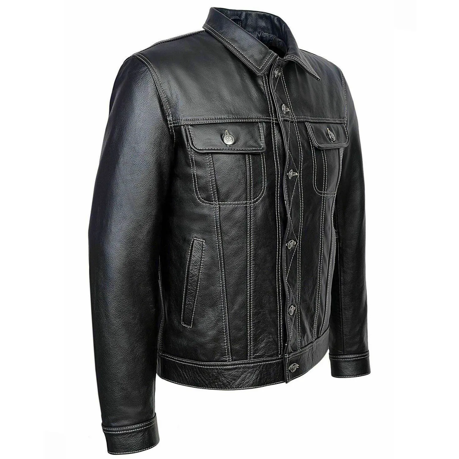 Men TRUCKER Jacket Classic Black 100% REAL Cowhide Leather Classic Style 1280