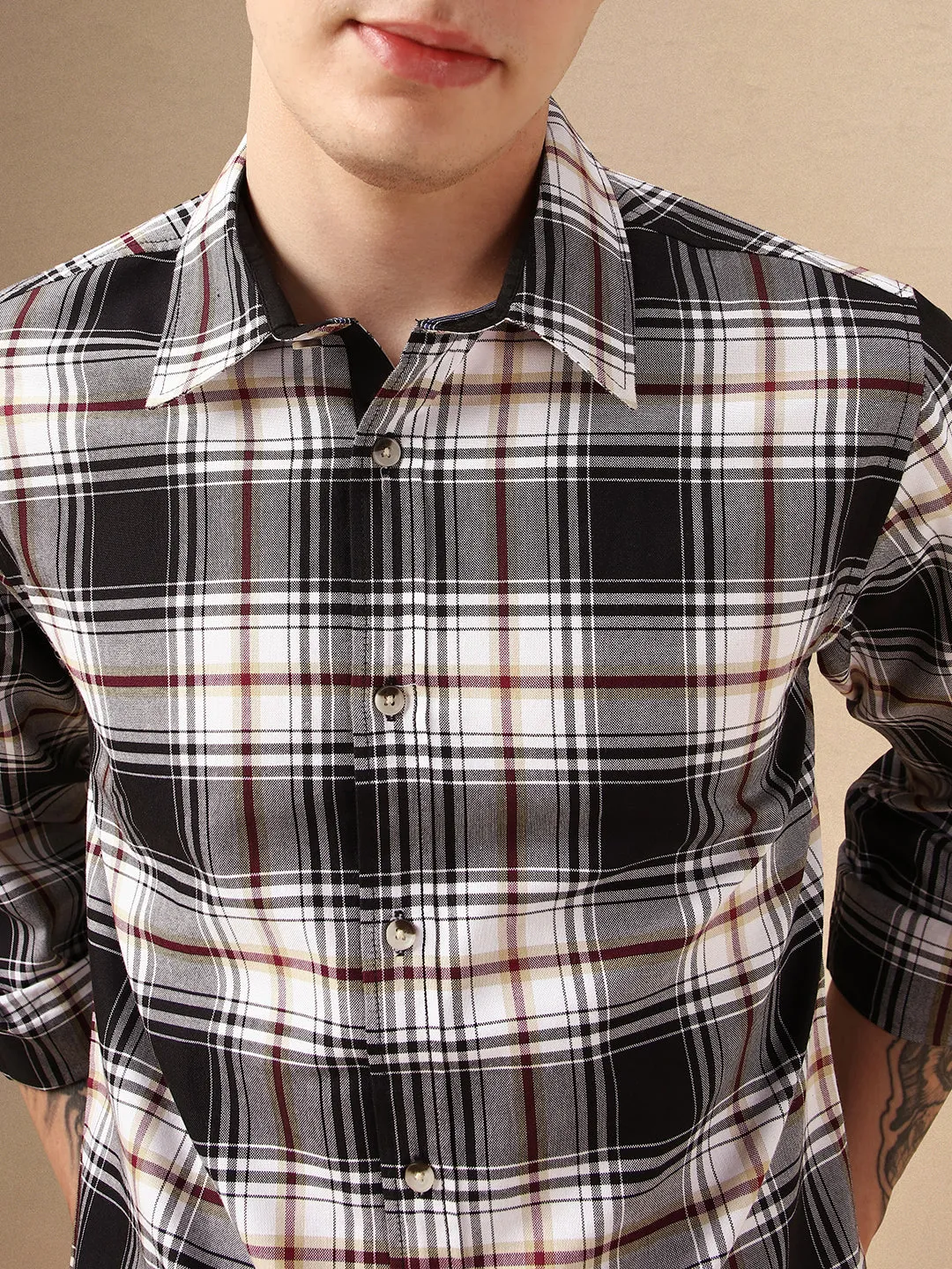 Men's Black Checks Spread Collar Full Sleeves 100% Cotton Casual Shirt