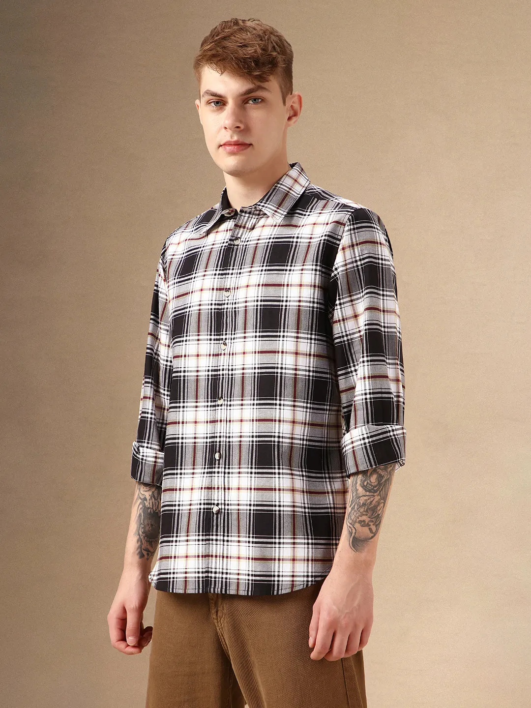 Men's Black Checks Spread Collar Full Sleeves 100% Cotton Casual Shirt