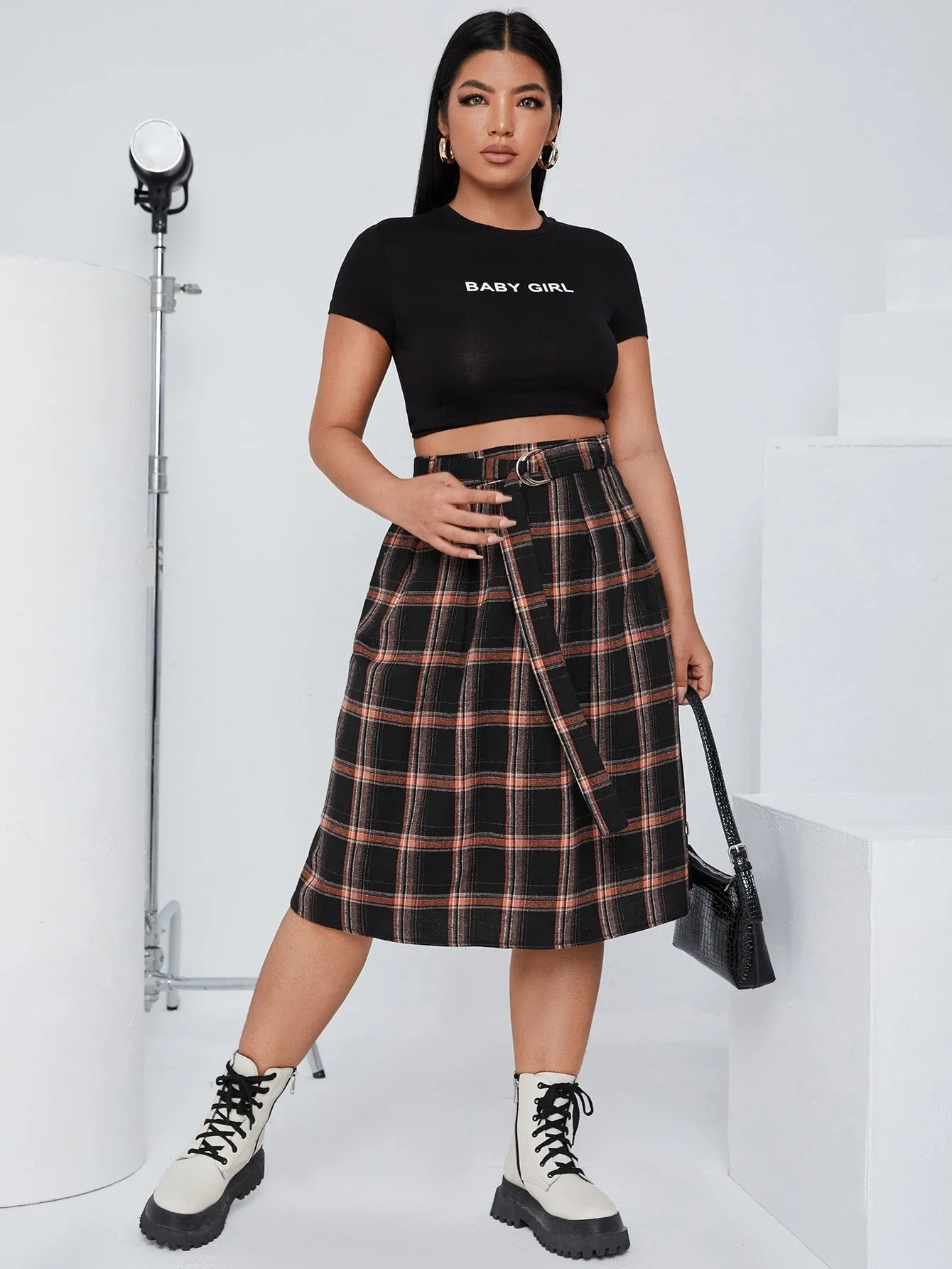 Plaid Belted Midi Plus Size Skirt