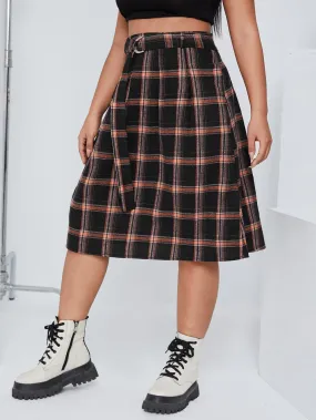 Plaid Belted Midi Plus Size Skirt