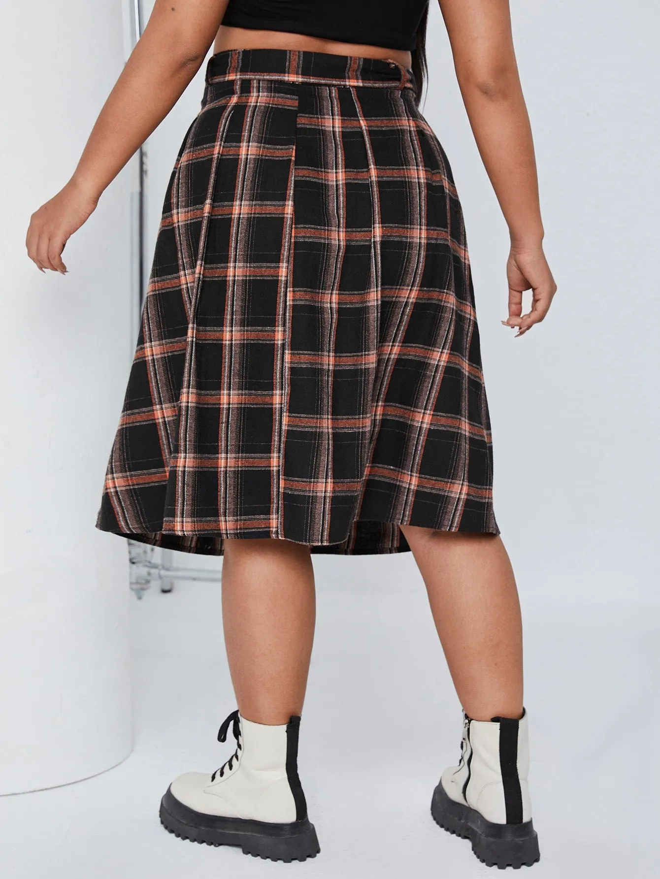 Plaid Belted Midi Plus Size Skirt