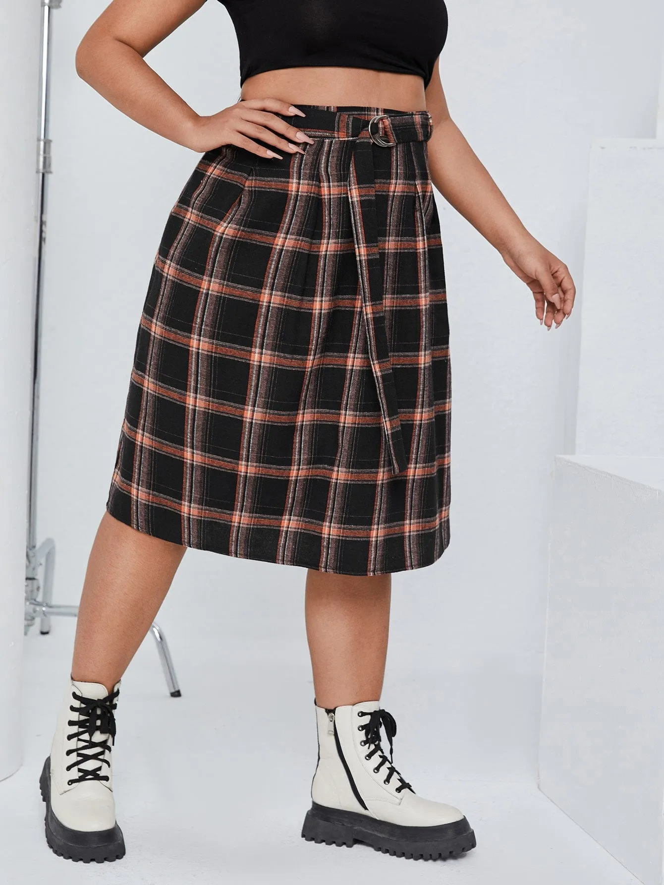 Plaid Belted Midi Plus Size Skirt