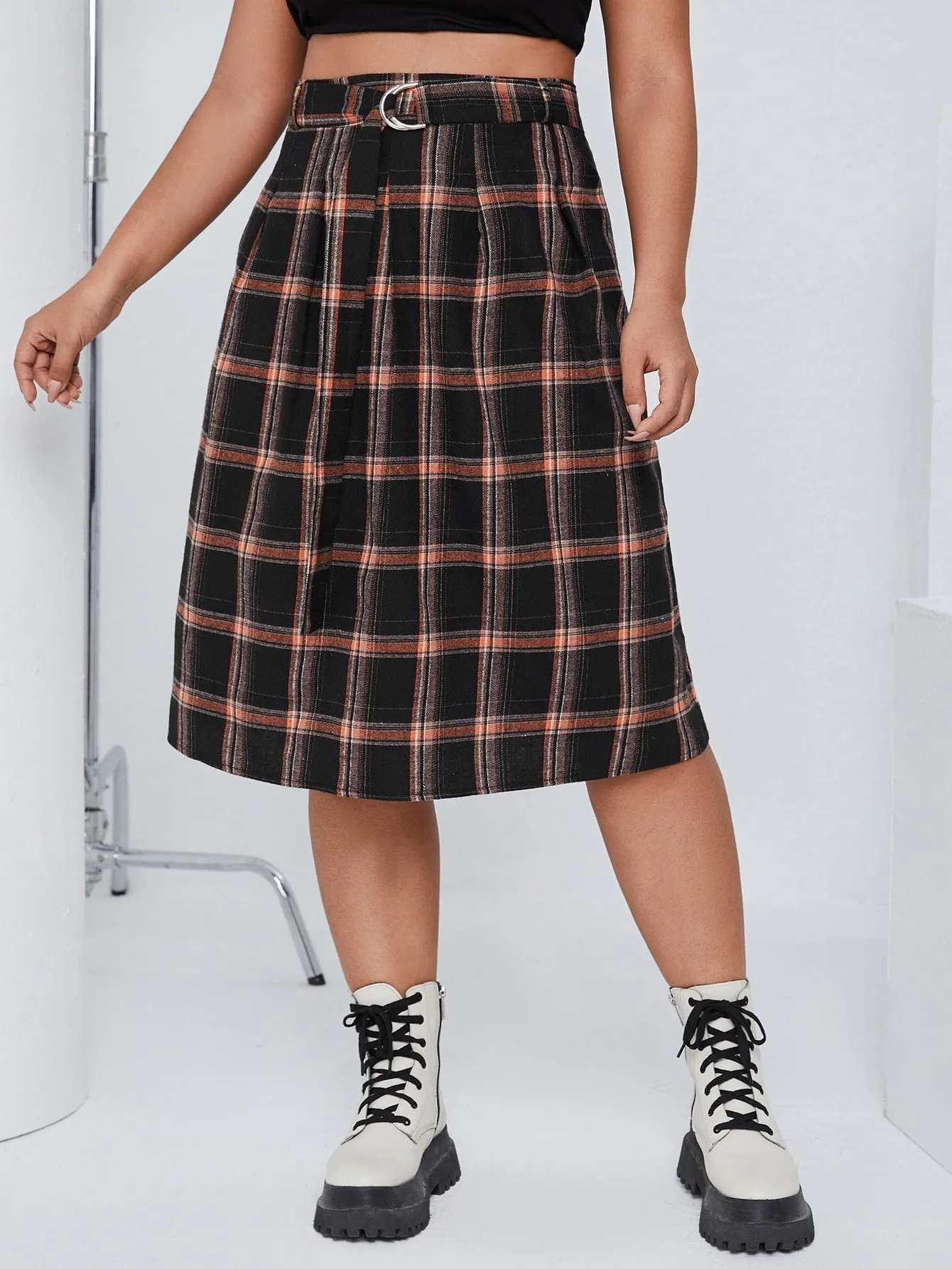 Plaid Belted Midi Plus Size Skirt