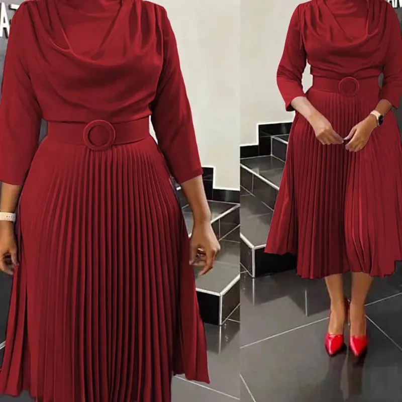 Pleated Round Neck Full Sleeve with Waist Belt Dress