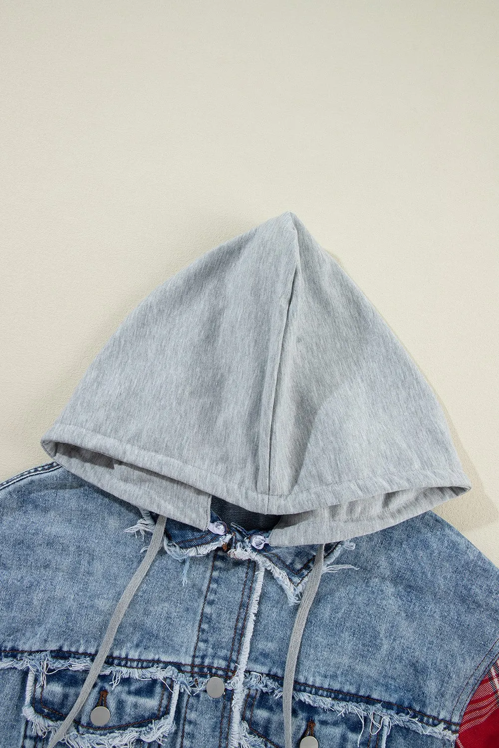 Raw Hem Drawstring Plaid Denim Jacket