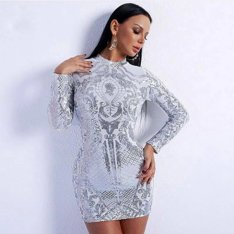 Silver High Neck Long Sleeve Sequin Elegant Party Mini Dress