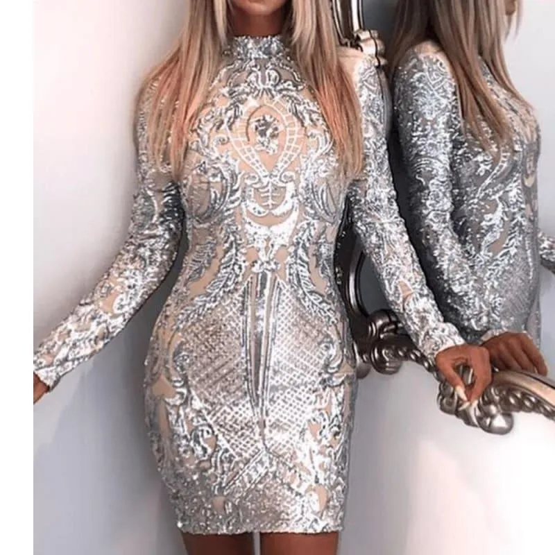 Silver High Neck Long Sleeve Sequin Elegant Party Mini Dress