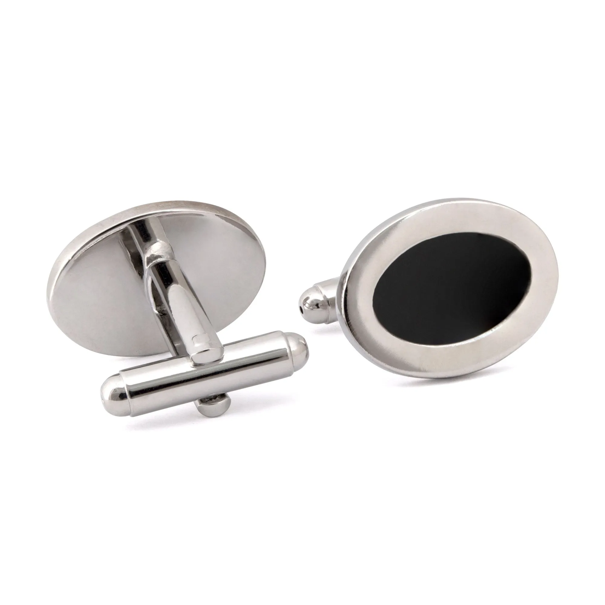 Silver Oval Cufflinks with Black Enamel A