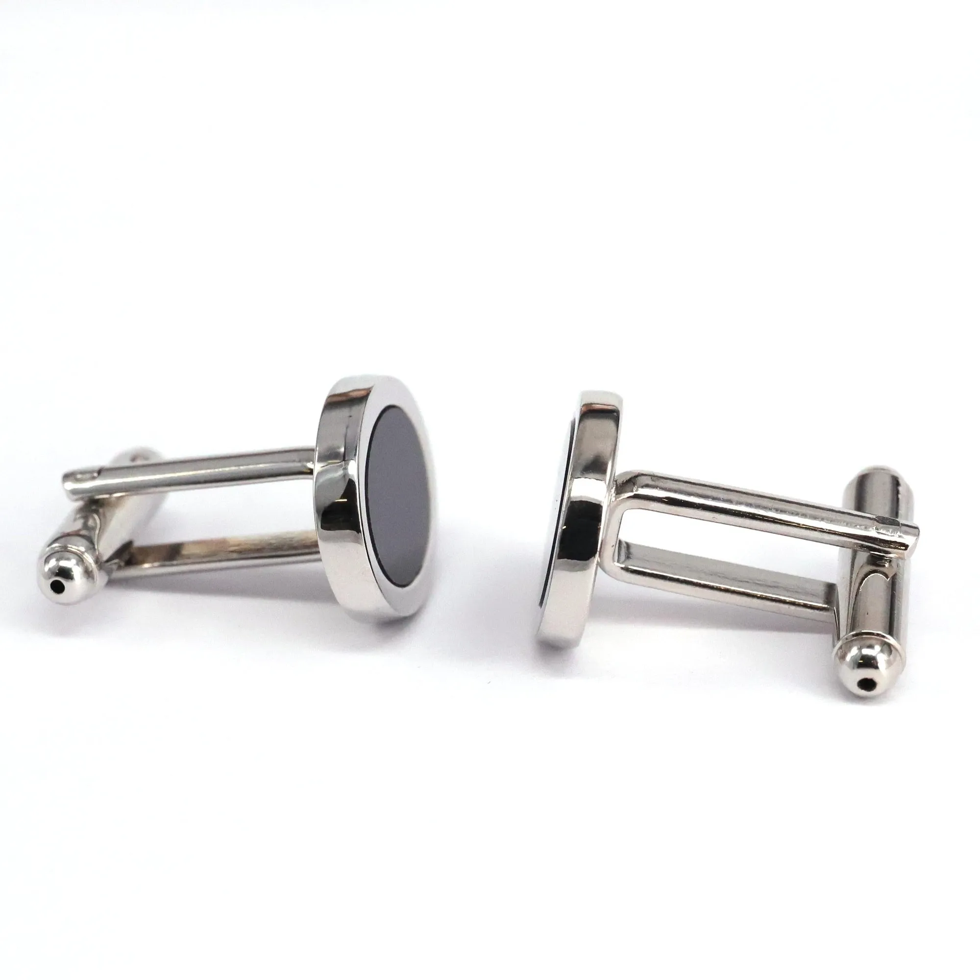 Silver Oval Cufflinks with Black Enamel A