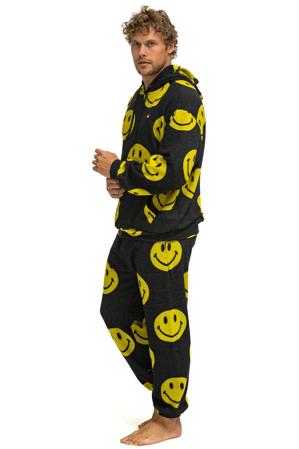 SMILEY REPEAT RELAXED PULLOVER HOODIE - BLACK