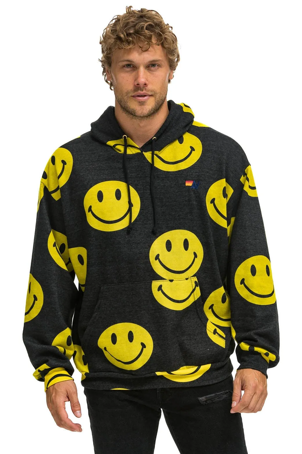 SMILEY REPEAT RELAXED PULLOVER HOODIE - BLACK