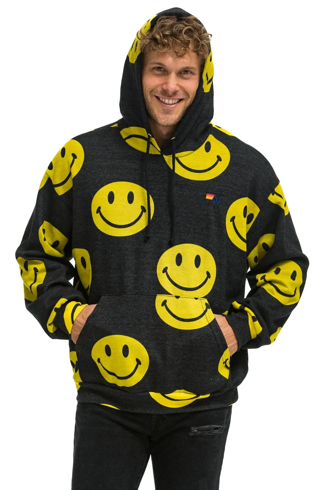 SMILEY REPEAT RELAXED PULLOVER HOODIE - BLACK