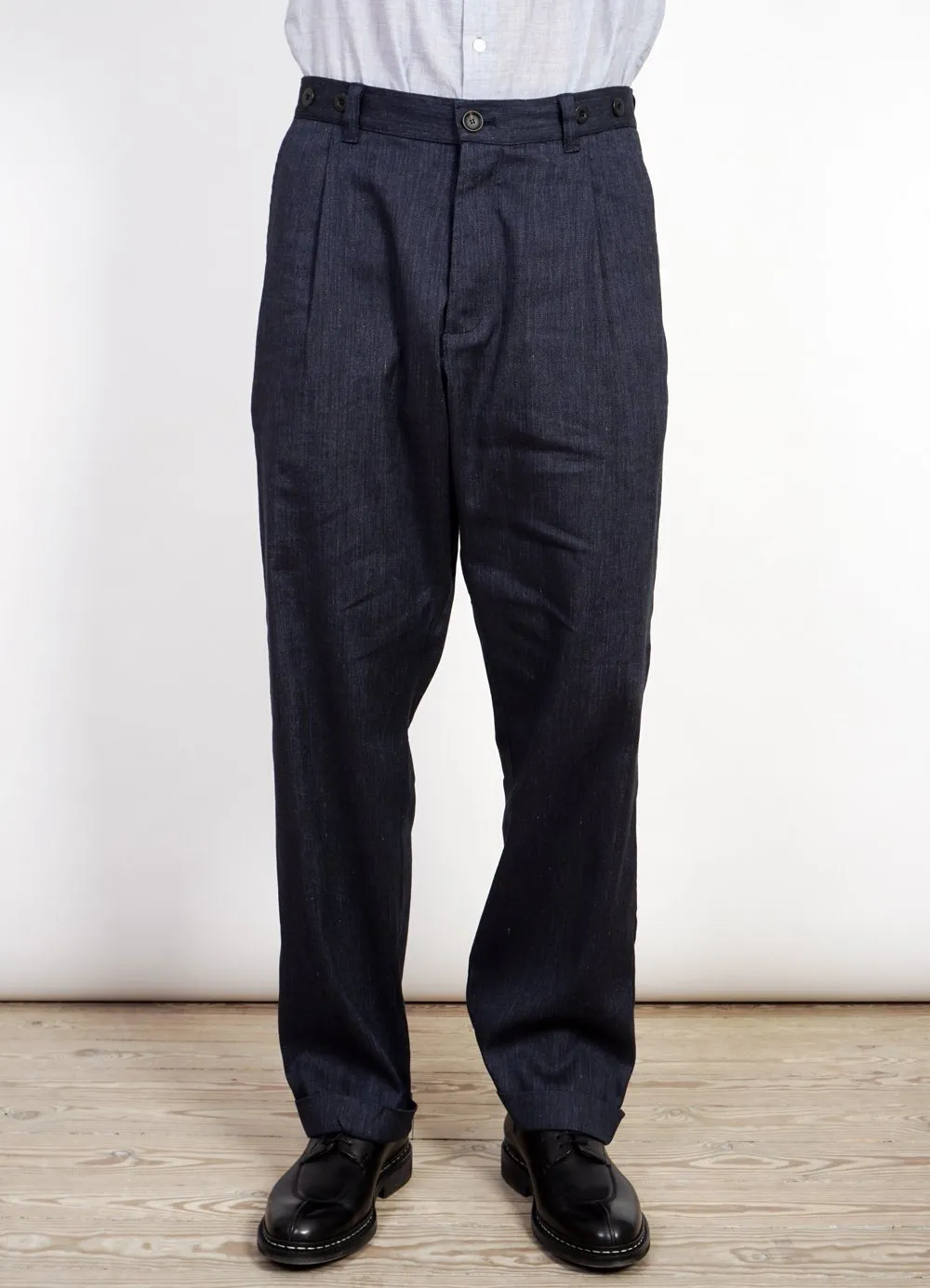 SUNE | Pleated Wide Cut Trousers | Navy Melange