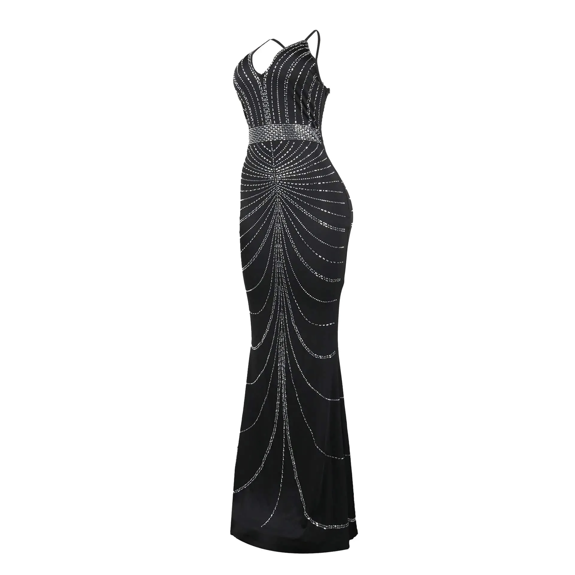 Women's Evening Long Sequin Hot Diamond  Strap Leaky Back Mermaid Formal  Elegant And Luxurious Dress.