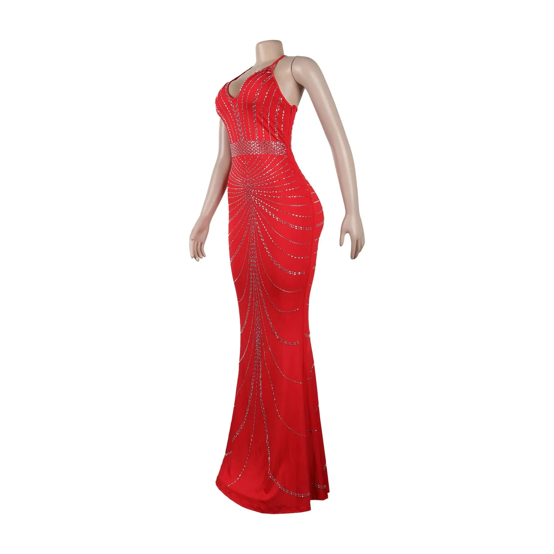 Women's Evening Long Sequin Hot Diamond  Strap Leaky Back Mermaid Formal  Elegant And Luxurious Dress.