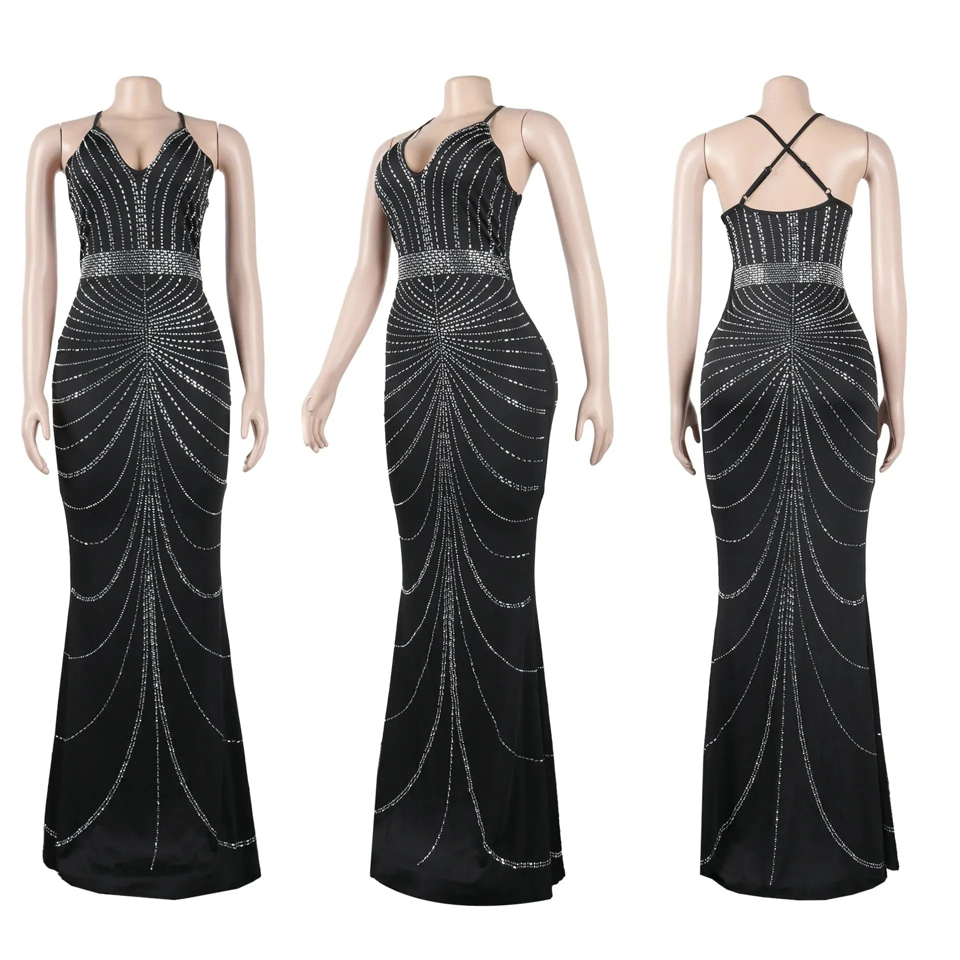 Women's Evening Long Sequin Hot Diamond  Strap Leaky Back Mermaid Formal  Elegant And Luxurious Dress.