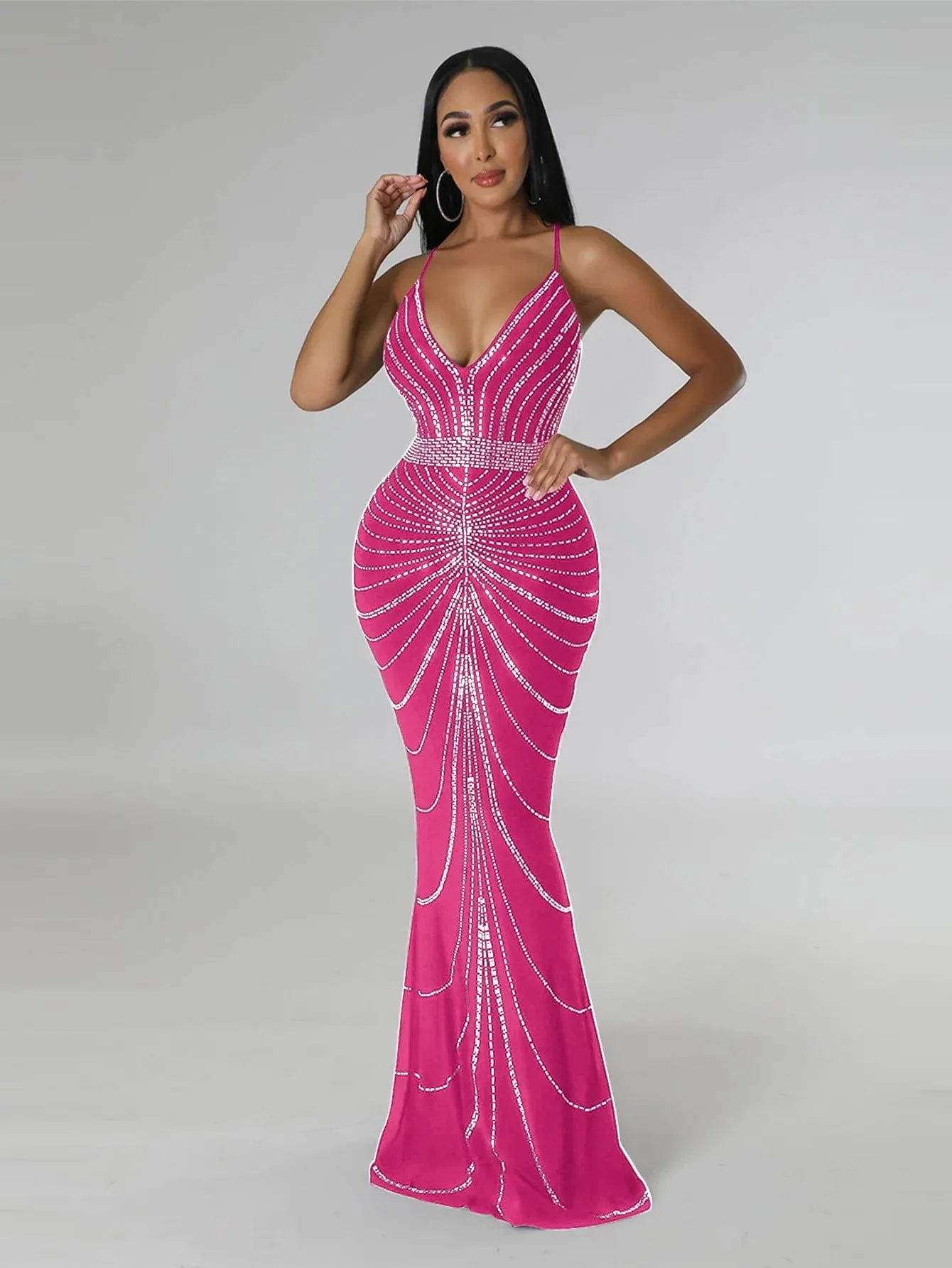 Women's Evening Long Sequin Hot Diamond  Strap Leaky Back Mermaid Formal  Elegant And Luxurious Dress.