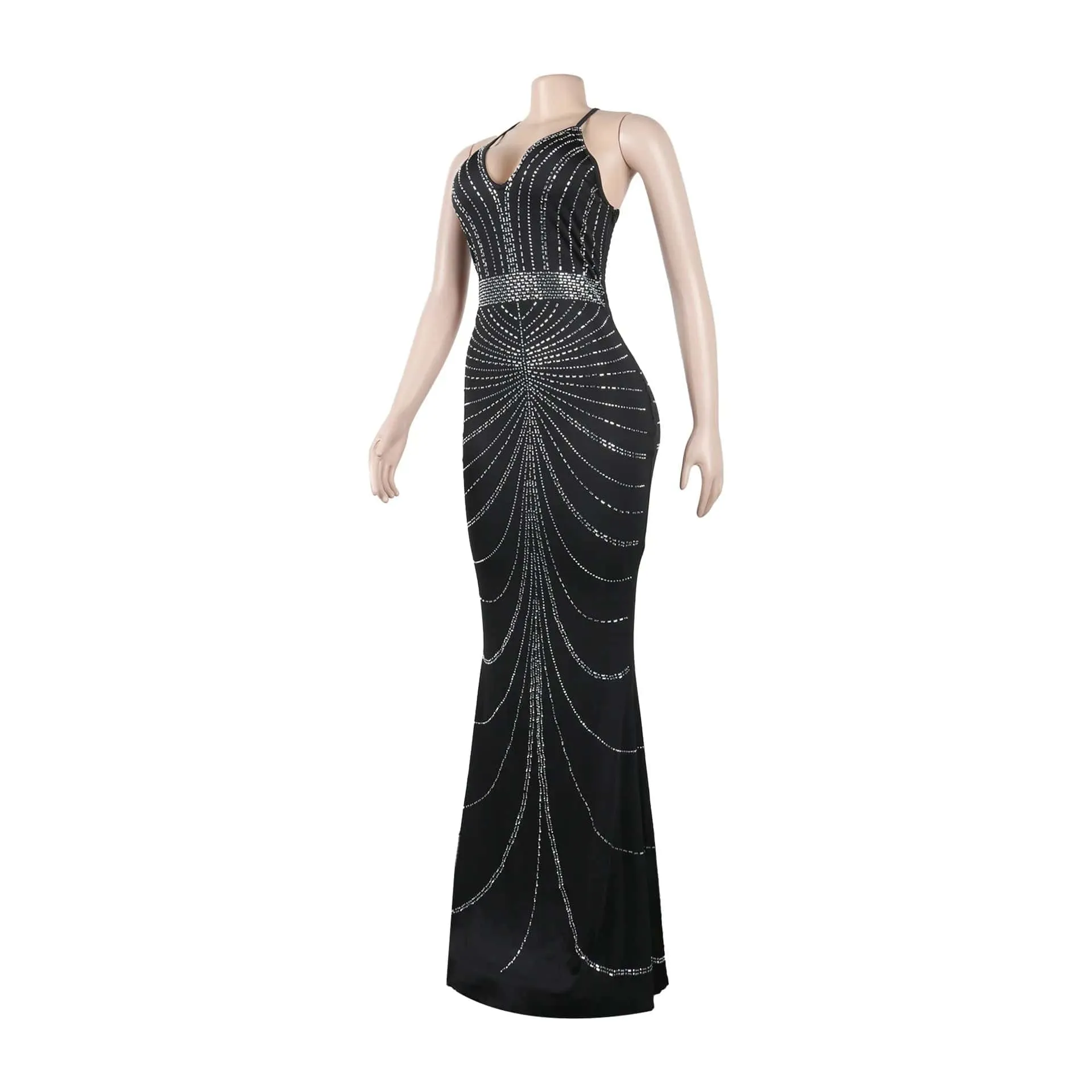 Women's Evening Long Sequin Hot Diamond  Strap Leaky Back Mermaid Formal  Elegant And Luxurious Dress.