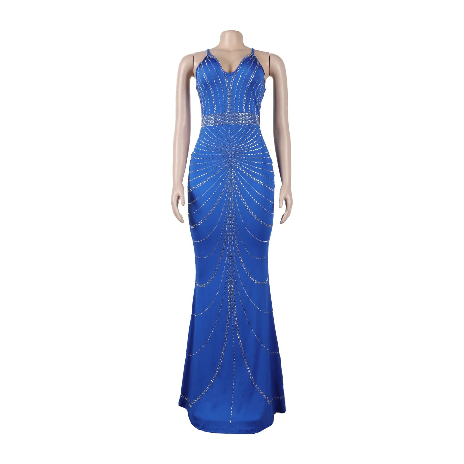 Women's Evening Long Sequin Hot Diamond  Strap Leaky Back Mermaid Formal  Elegant And Luxurious Dress.