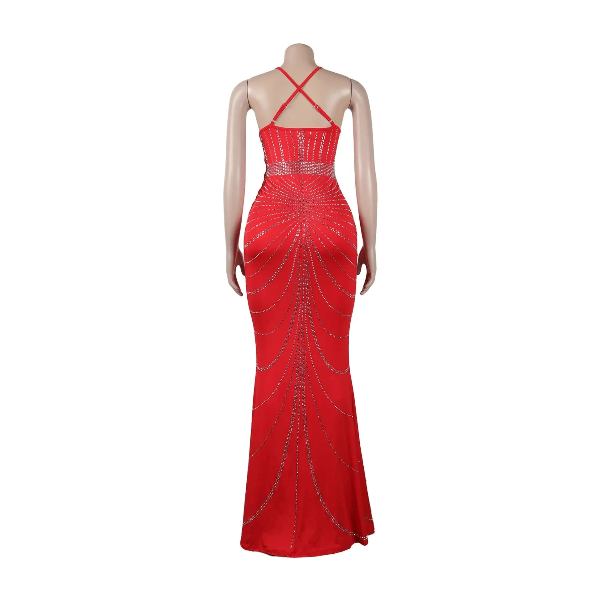 Women's Evening Long Sequin Hot Diamond  Strap Leaky Back Mermaid Formal  Elegant And Luxurious Dress.