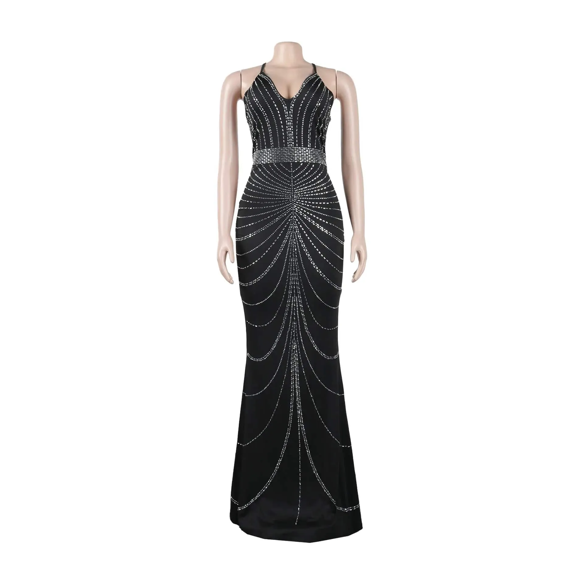 Women's Evening Long Sequin Hot Diamond  Strap Leaky Back Mermaid Formal  Elegant And Luxurious Dress.