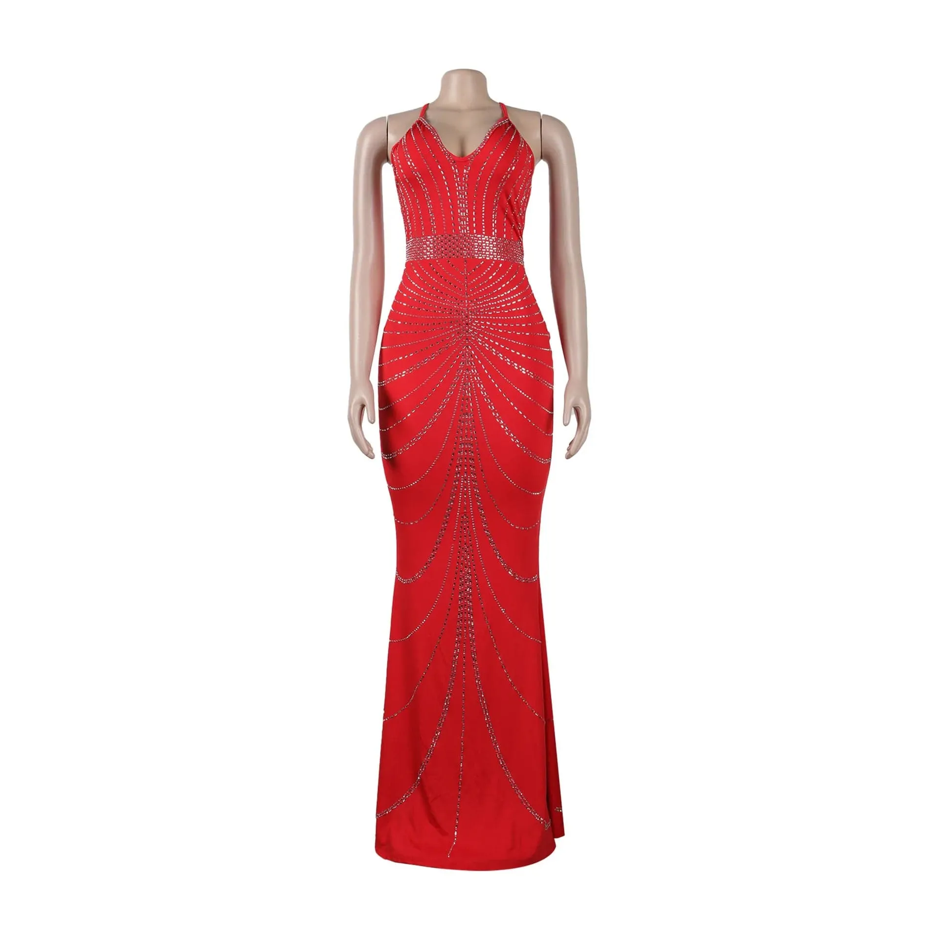 Women's Evening Long Sequin Hot Diamond  Strap Leaky Back Mermaid Formal  Elegant And Luxurious Dress.