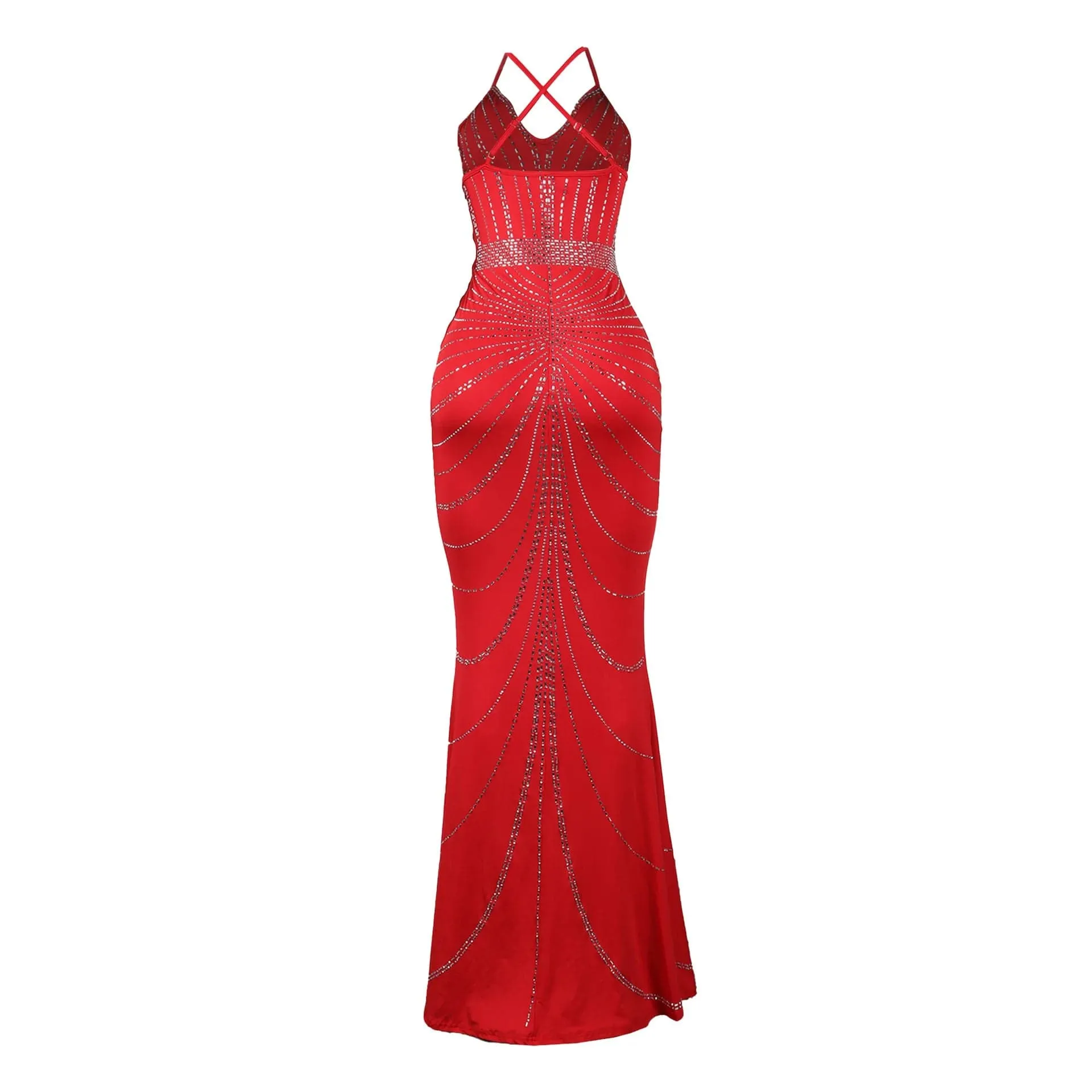 Women's Evening Long Sequin Hot Diamond  Strap Leaky Back Mermaid Formal  Elegant And Luxurious Dress.