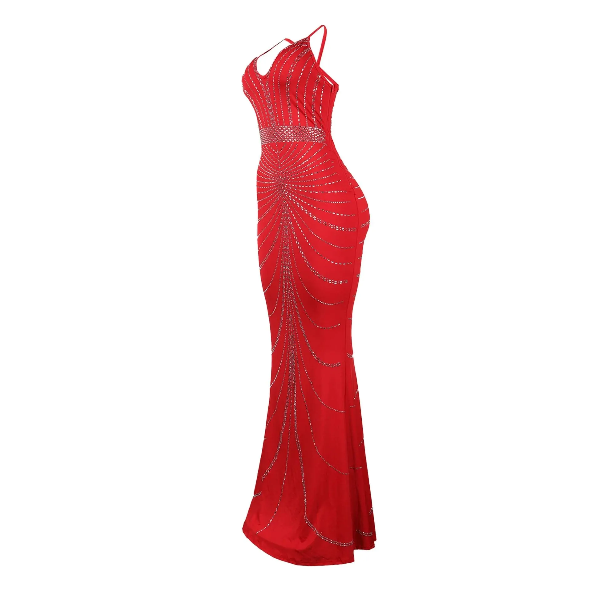 Women's Evening Long Sequin Hot Diamond  Strap Leaky Back Mermaid Formal  Elegant And Luxurious Dress.