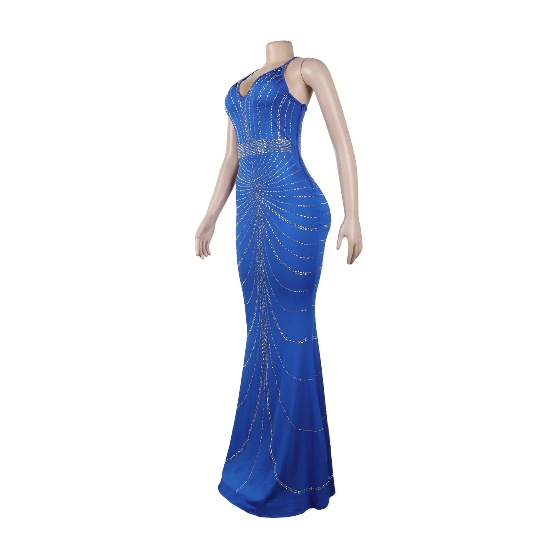 Women's Evening Long Sequin Hot Diamond  Strap Leaky Back Mermaid Formal  Elegant And Luxurious Dress.