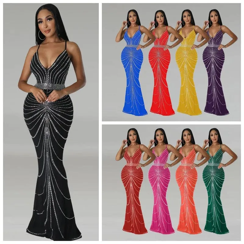 Women's Evening Long Sequin Hot Diamond  Strap Leaky Back Mermaid Formal  Elegant And Luxurious Dress.