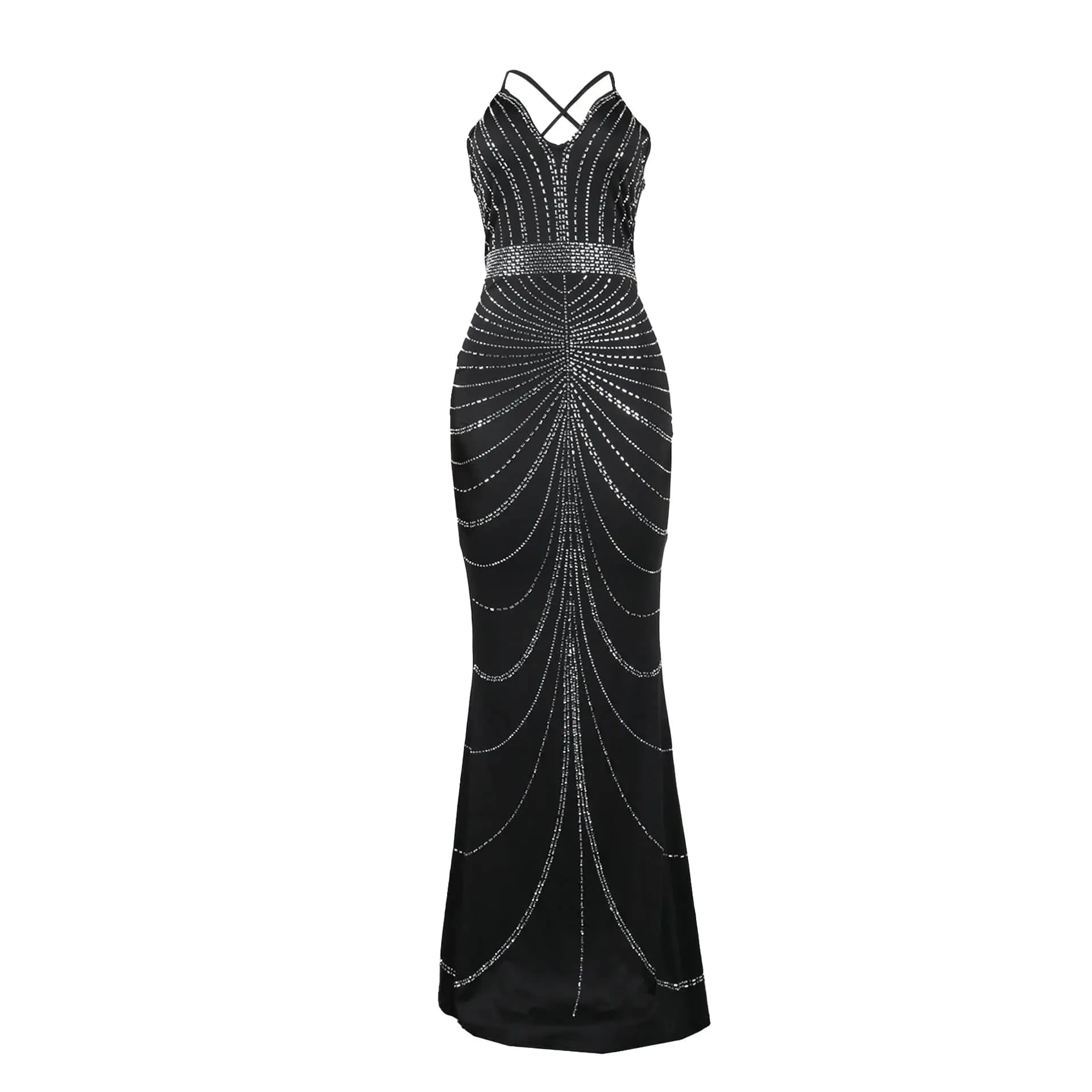 Women's Evening Long Sequin Hot Diamond  Strap Leaky Back Mermaid Formal  Elegant And Luxurious Dress.