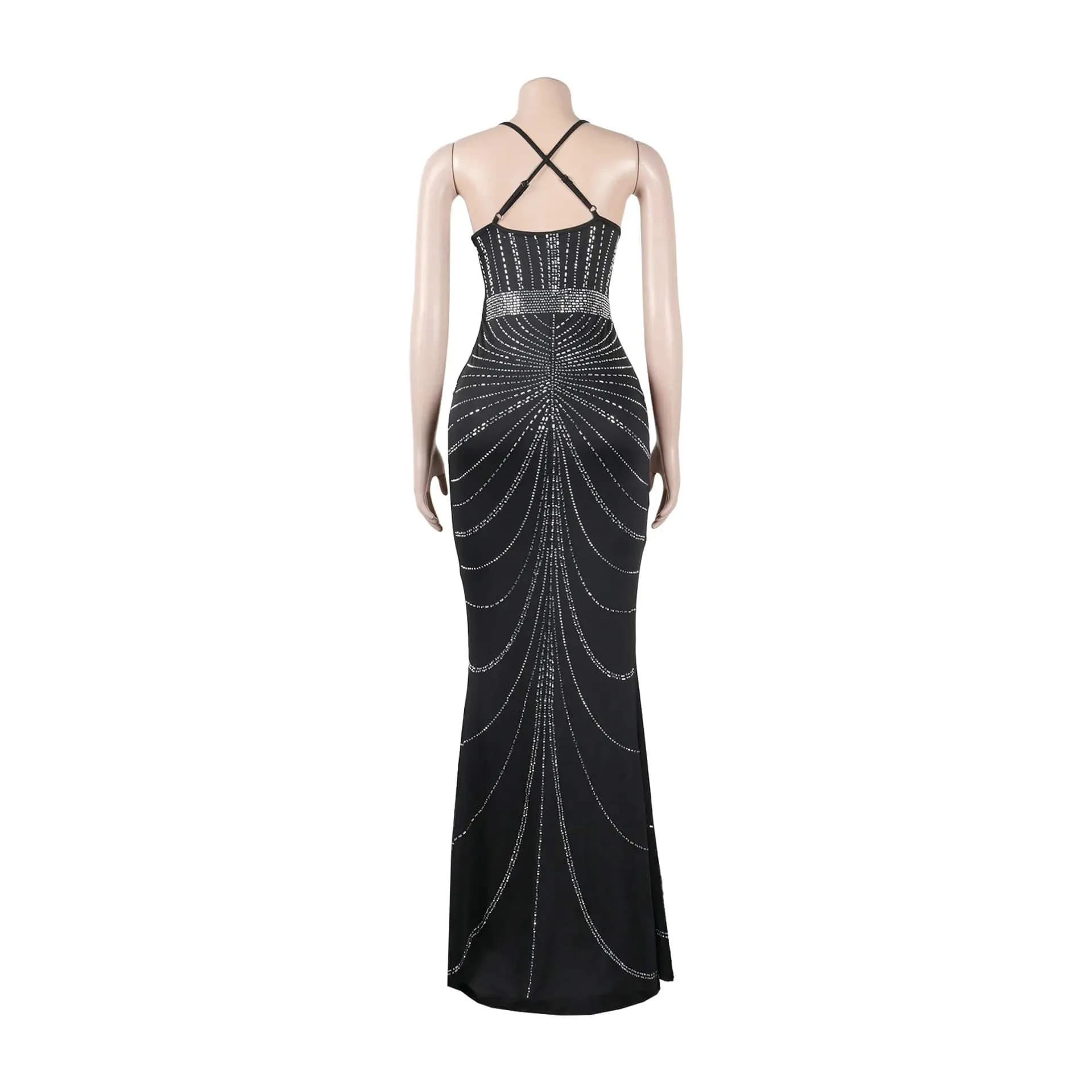 Women's Evening Long Sequin Hot Diamond  Strap Leaky Back Mermaid Formal  Elegant And Luxurious Dress.