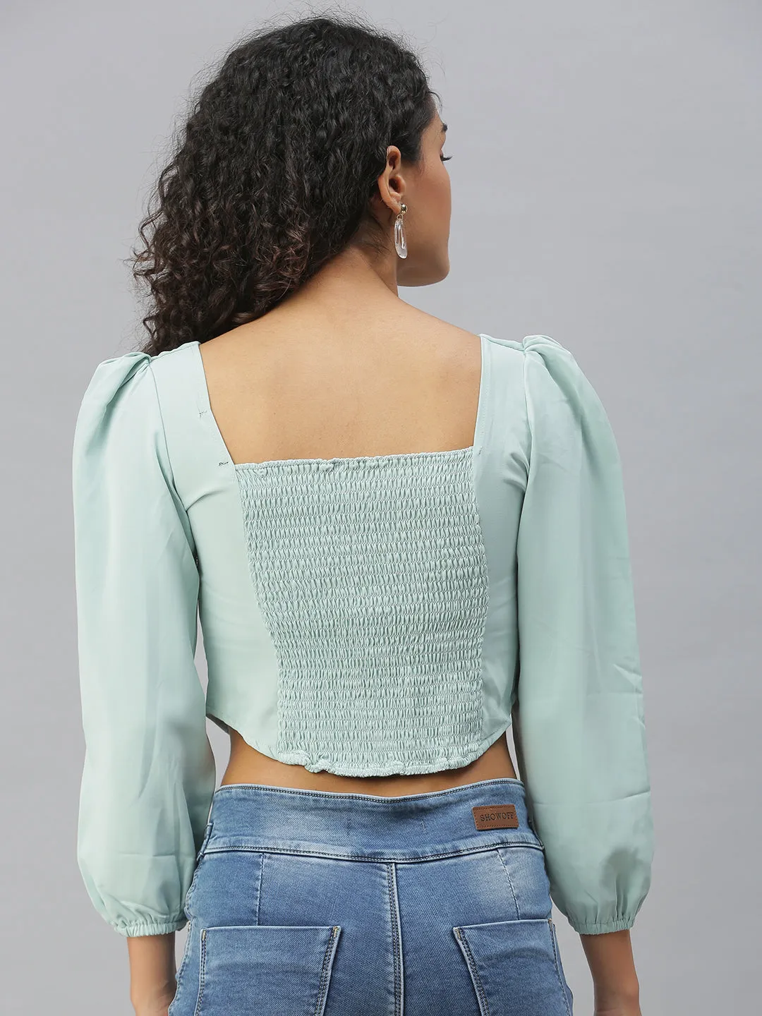 Women's Green Solid Crop Tops