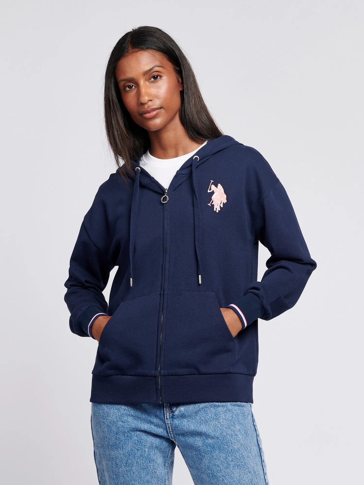 Womens Large Double Horsemen Zip Through Hoodie in Navy Iris