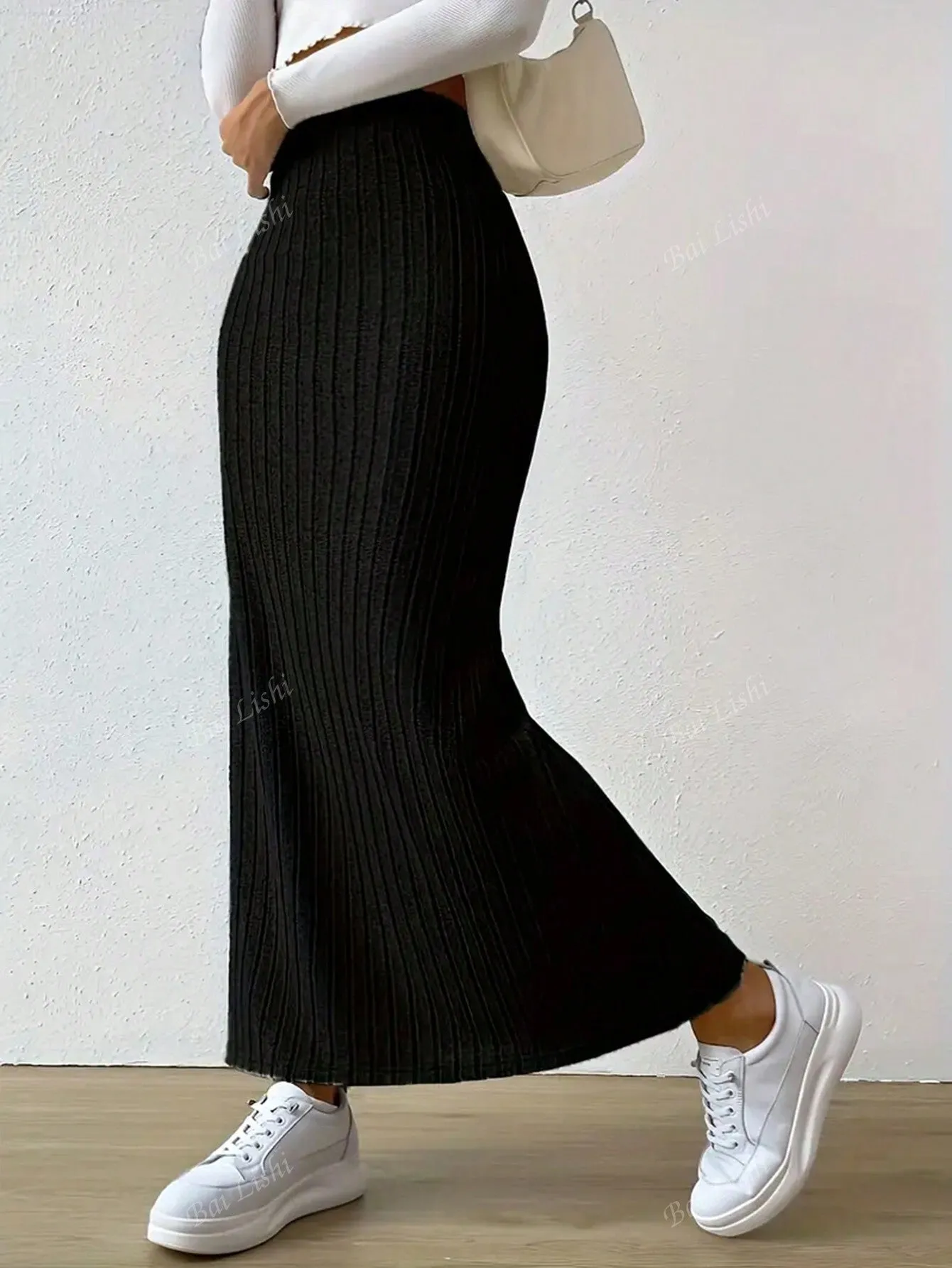 Women's Open Button Long Skirt, Striped High Waisted Knitted Long Skirt, Slim Fit And Ankle Protection Suit, Solid Color