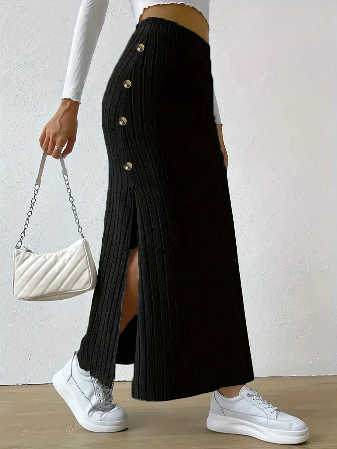 Women's Open Button Long Skirt, Striped High Waisted Knitted Long Skirt, Slim Fit And Ankle Protection Suit, Solid Color