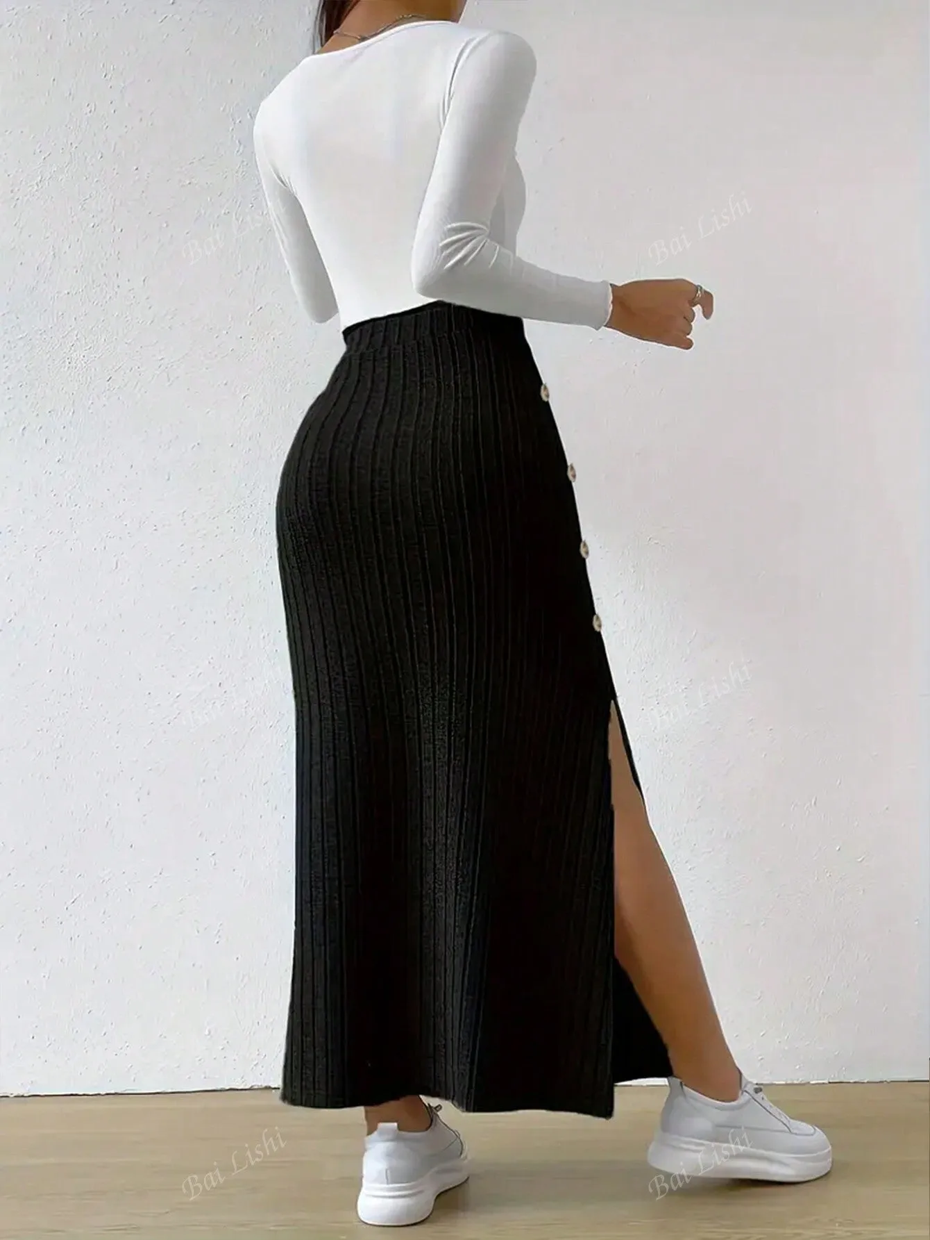 Women's Open Button Long Skirt, Striped High Waisted Knitted Long Skirt, Slim Fit And Ankle Protection Suit, Solid Color