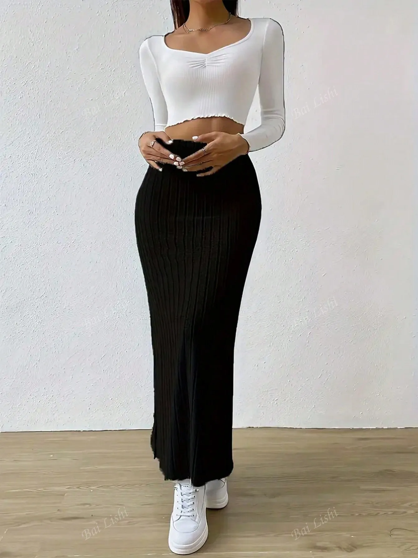 Women's Open Button Long Skirt, Striped High Waisted Knitted Long Skirt, Slim Fit And Ankle Protection Suit, Solid Color