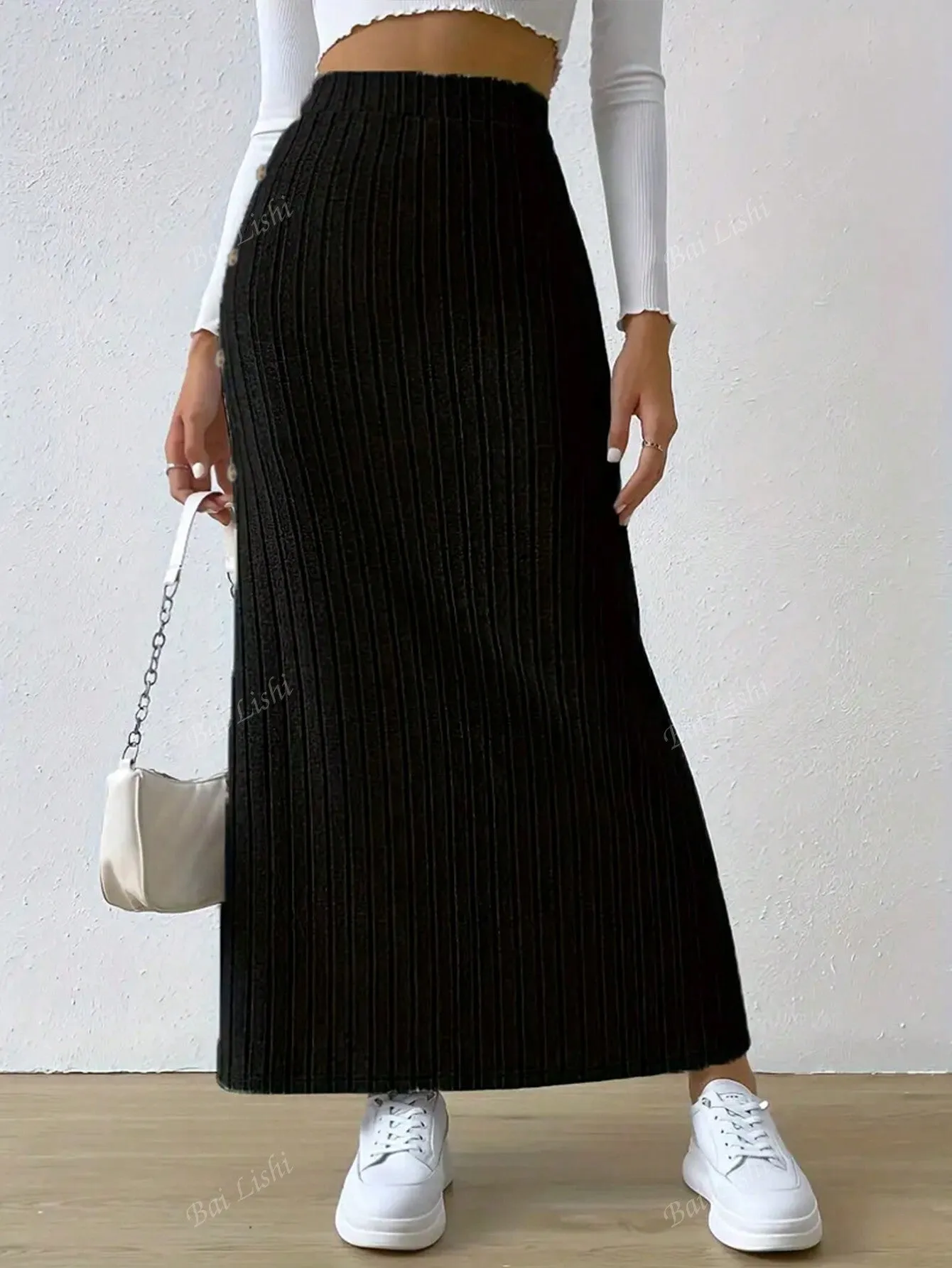 Women's Open Button Long Skirt, Striped High Waisted Knitted Long Skirt, Slim Fit And Ankle Protection Suit, Solid Color