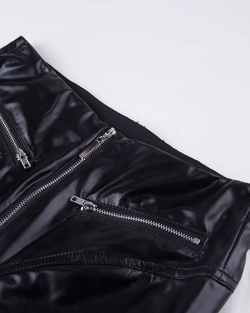 Zipper Design Patchwork PU Leather Skinny Pants